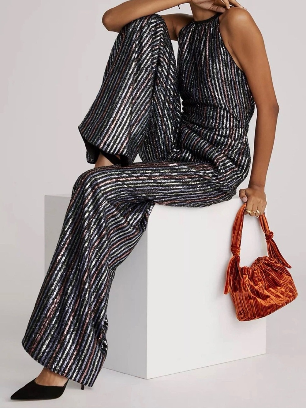 Anthropologie Maeve Metallic Striped Jumpsuit - Disco Halter